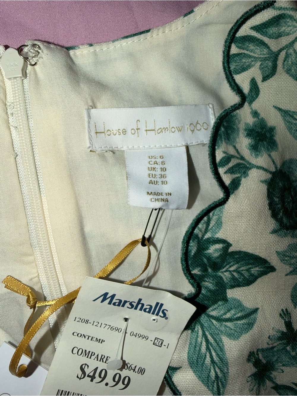 (NEW) House of Harlow 1960 - Cream Dress with Green Floral Print. - Picture 2 of 13